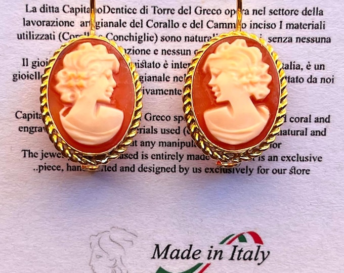 18K Gold Hand Carved Shell Cameo Earrings, Italian Artisan Jewelry, Oval Woman Profile Dangle Earrings, Luxury Gift for Her