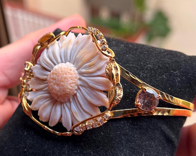Hand Carved Daisy Shell Cameo Cuff Bracelet, Gold-Plated Silver, Champagne Tourmaline, Italian Artisan Jewelry