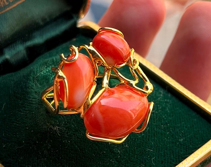 Adjustable red coral ring, trilogy design in gold, natural Mediterranean coral, handmade