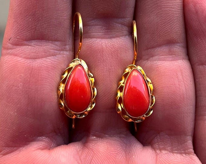 Italian coral earrings, genuine teardrop dangles, artisan crafted, elegant gold setting