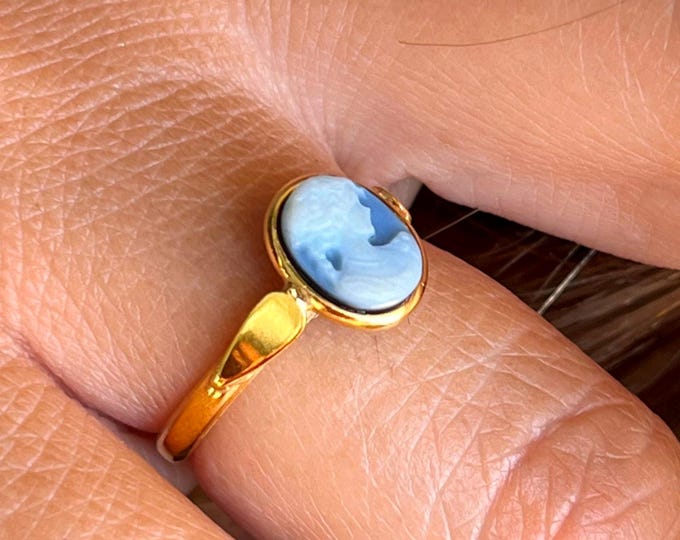 Blue Cameo Adjustable Ring: 18k Gold Plated Sterling Silver