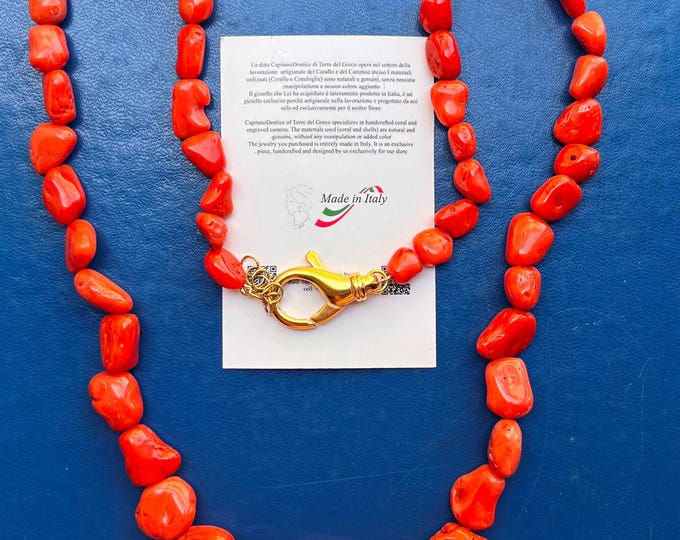 Authentic red coral strand, natural 17mm stones necklace, silver gold hook, Italian