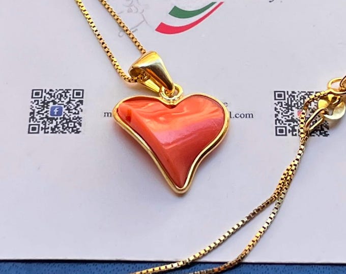 Handmade Italian Coral Heart Pendant: 18k Gold-Plated Silver Necklace