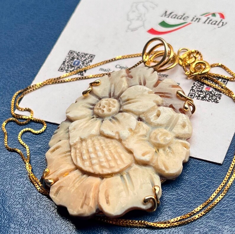 Handskuret snäckskal-prästkrage-cameo-hänge, 18k guld sterlingsilver, italienska blommiga smycken bild 10