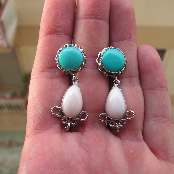Earrings estate solid silver drop coral pink + original turquoise