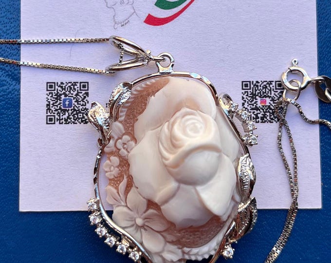 Floral shell cameo pendant, handmade in Italy, bouquet carving, unique