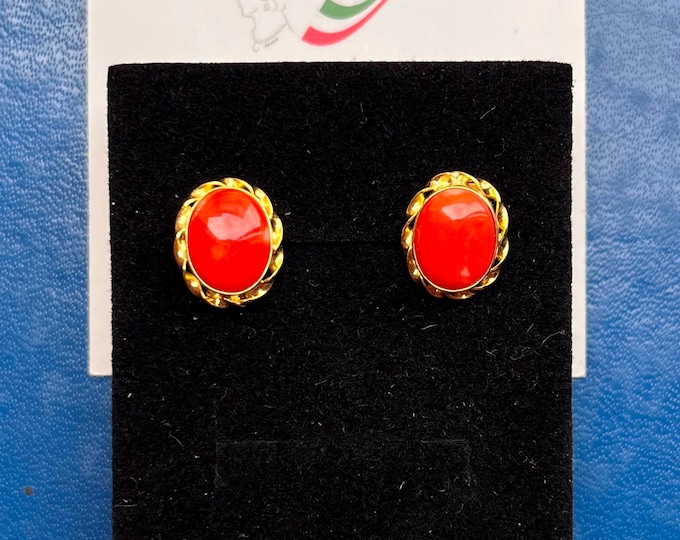 18K Gold Plated Sterling Silver Red Coral Dangle Earrings, Italian Artisan Jewelry