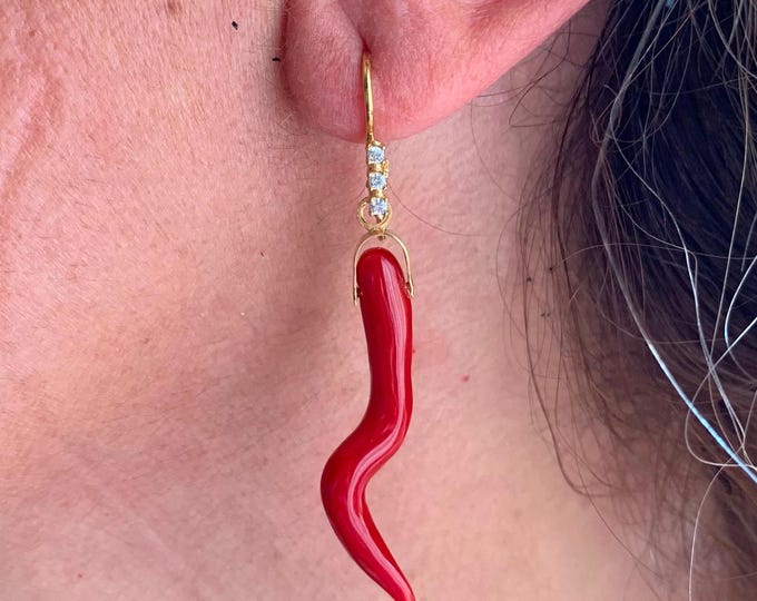 Handmade Extravagant Earrings, Red Coral Jewelry, Lucky Horn Design, Artisan Earrings, Unique Gift, Statement Piece