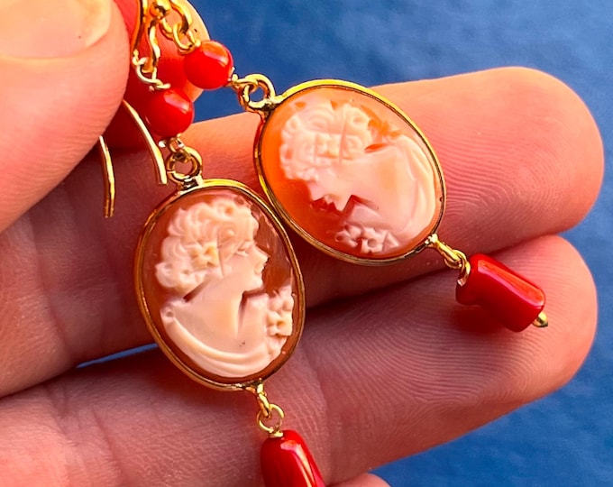 Torre del Greco Cameo and Red Coral Earrings, Gold 18 carat, Italian Artisan Jewel, Mediterranean Style