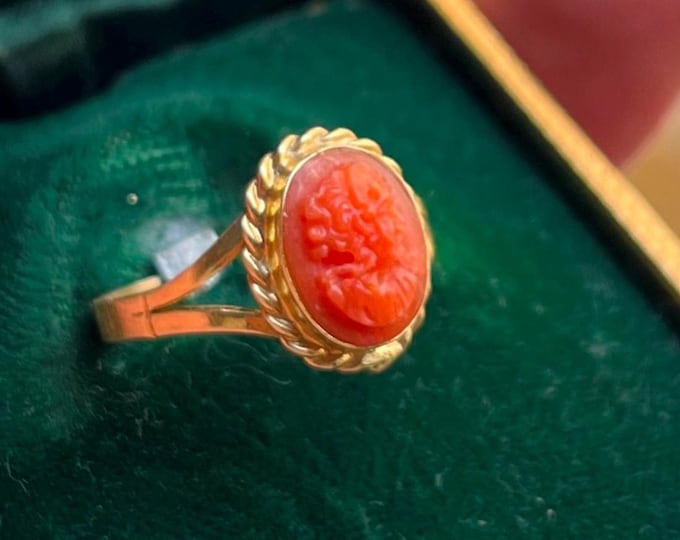 Handmade Antique Coral Ring: Italian Carved Woman's Face