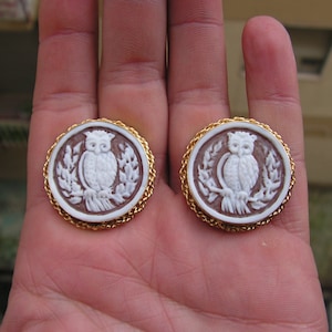 May include: A pair of gold tone earrings with a brown cameo featuring a white owl design.