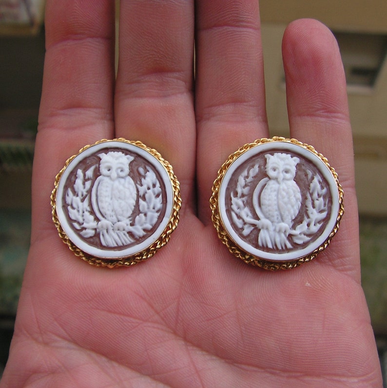 May include: A pair of gold tone earrings with a brown cameo featuring a white owl design.