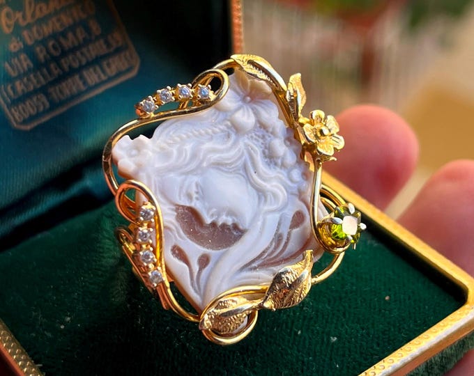 Victorian Style Shell Cameo Ring: Handmade Sterling Silver, 18K Gold