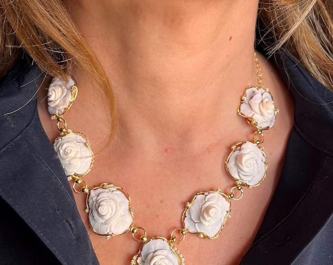 Birth flower cameo necklace, handmade Italian rose cameos, wedding jewelry