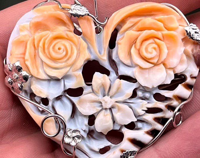 Heart Pendant Necklace, Handmade Shell Cameo, Inlaid Jewelry, Gift for Her, Woman Love Necklace, Passion Jewelry