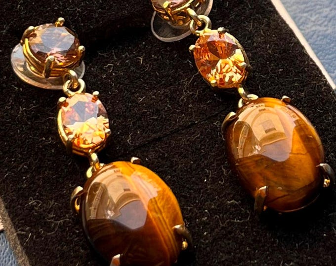 Tiger eye drop earrings, champagne yellow tourmaline accents, 18k gold dipped, 925 silver posts, handmade in Italy
