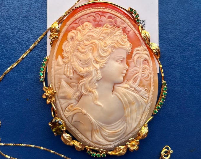 Unique Cleopatra cameo necklace, hand carved shell, collectible piece