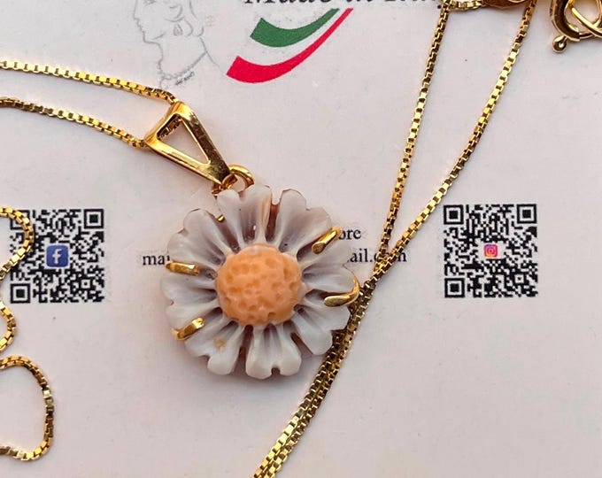 Floral Shell Cameo Pendant: Handmade Sardonyx, 925 Sterling Silver mother-of-pearl engraving, rare