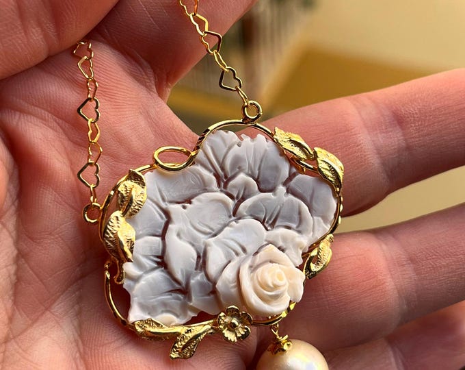 Carved Conch Shell Cameo Necklace – Rose, Pearl, 18K Gold Plated Silver