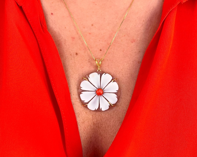 Sunflower shell cameo pendant, handmade in Italy, artisan floral jewel
