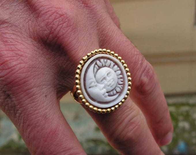 Handmade sun and moon Ring Cameo, Made in Italy, Exclusive Gift Ring, Unique Jewelry
