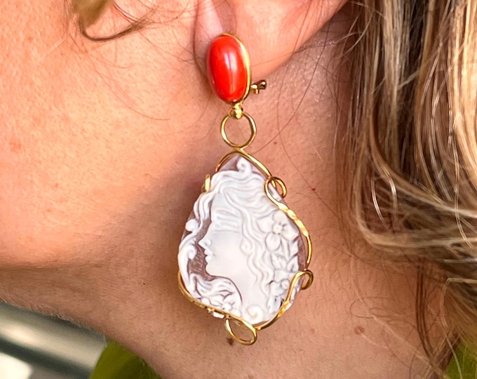 Shell Cameo Coral Red Lucky Earrings, Handmade Gift for Her, Good Luck Jewelry, Unique Dangle Earrings