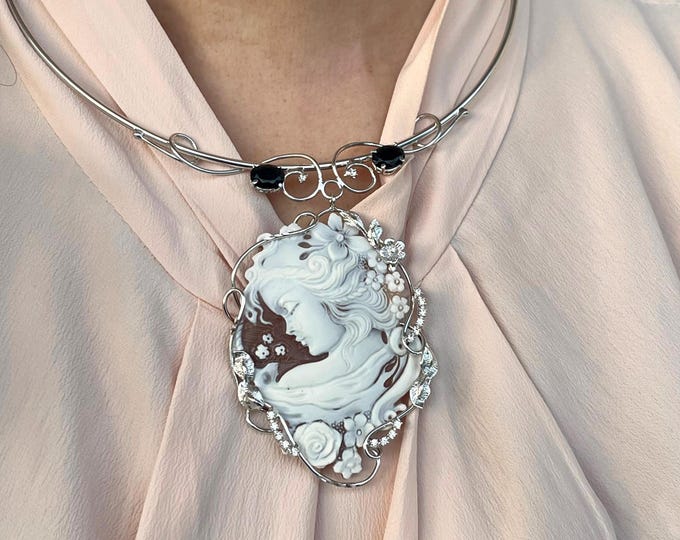 Italian Cameo Choker Necklace - Sterling Silver 925 Black Onyx Gemstone Pendant - Elegant Cocktail Evening Unique Jewelry Gift