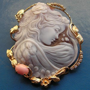 May include: A cameo brooch featuring a carved shell of a woman's profile with a rose in her hair. The cameo is set in a gold tone metal frame with a delicate floral design and clear rhinestones. A pink shell cameo is also included in the design.