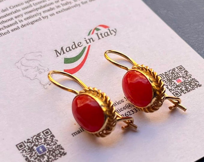 Handmade coral dangle earrings, fire red natural coral, secure monk clasp