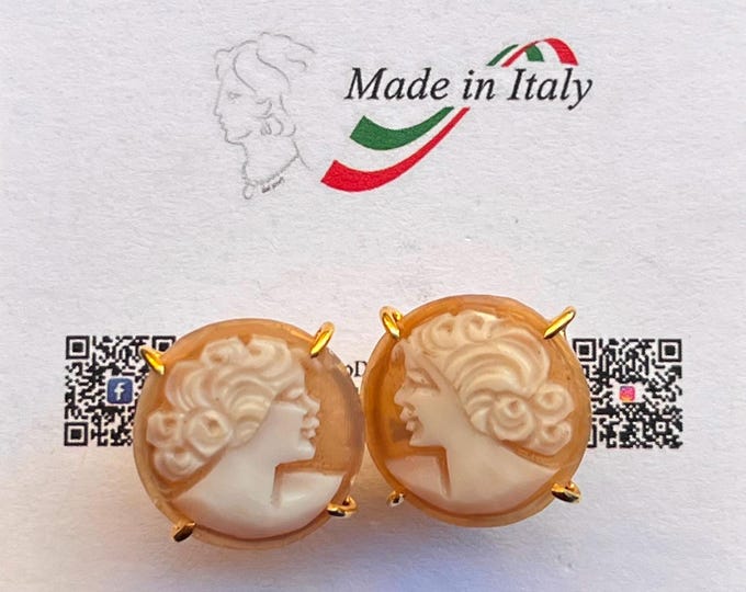 orecchini in oro 18 carati, regalo per lei, orecchini a clips, gioiello elegante, orecchini classici, cammeo scolpito a mano, made in Italy