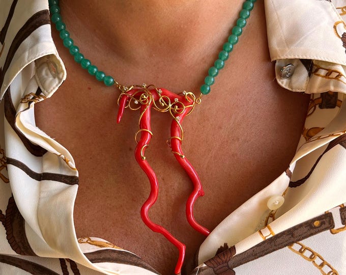 Handmade Coral Chrysoprase Necklace, Exclusive Jewel for Her, Elegant Woman Jewelry Gift