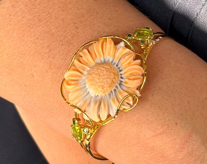Hand Carved Daisy Shell Cameo Cuff Bracelet, Gold-Plated Silver, Champagne Tourmaline, Italian Artisan Jewelry