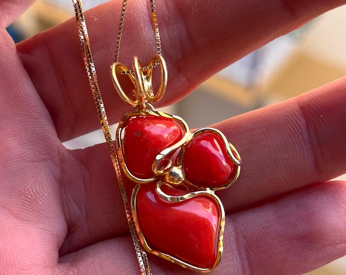 Red coral gemstone pendant, artisan made in Italy, bold asymmetric style