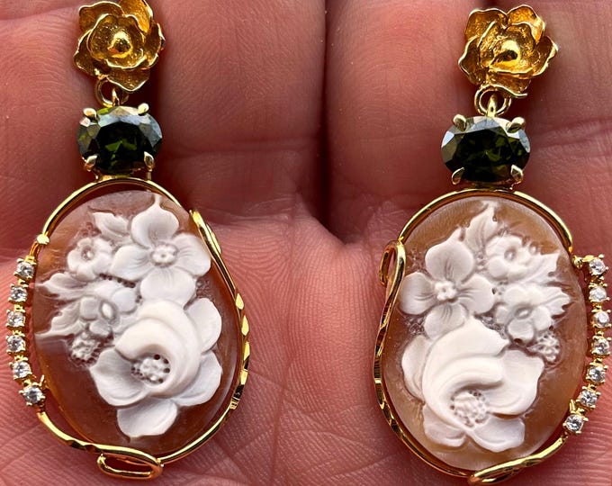 Hand‑Carved Shell Cameo Flower Earrings 20mm, green peridot & Crystals, 925 Rhodium Silver, Closed Hook, Italian Dangle Earrings
