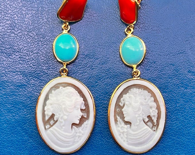 Red Coral Shell Cameo Earrings, Handmade Turquoise, 18K Gold, Elegant Woman, Handcrafted Jewelry, Summer 2025 Gift