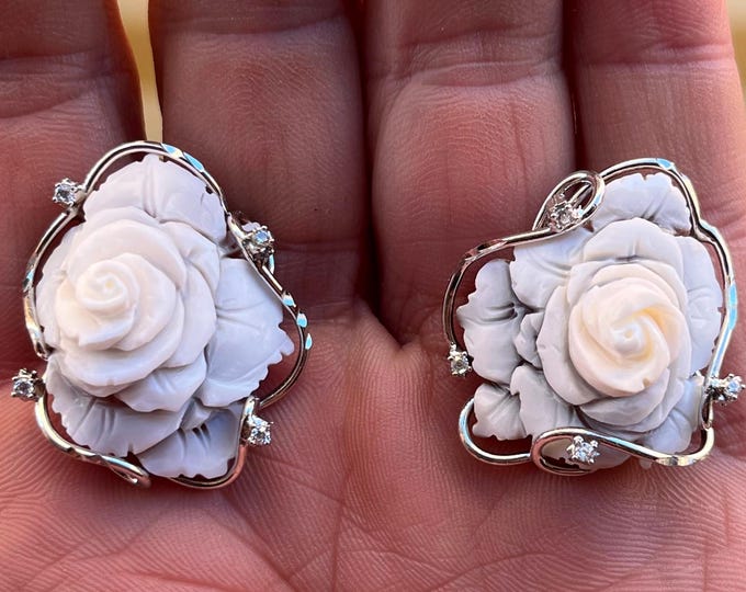 Hand Carved Shell Cameo Rose Earrings – Sterling Silver Rhodium, Clip On Studs with Crystals, Italian Made Gift for Her