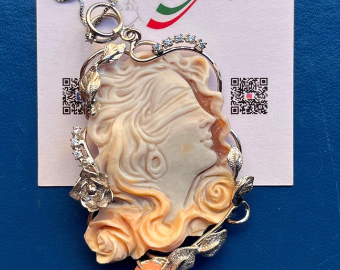 Hand-Carved Lady Fortune Cameo Pendant: Pink Coral, Sterling Silver, Made in Italy