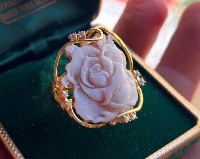 Handmade Italian 3D Rose Cameo Ring, 925 Silver 18k Gold Vermeil, Shell Cameo, Adjustable Size 8, Unique Statement Jewelry
