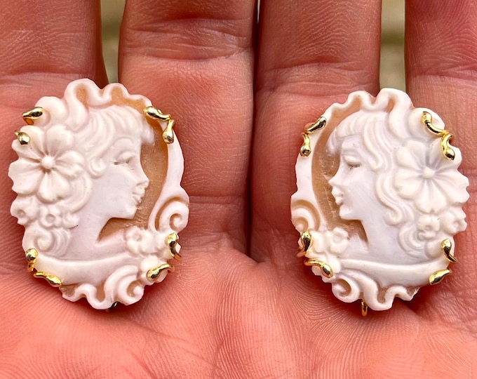 Hand-Carved Shell Cameo Earrings: Gold-Plated Sterling Silver, Victorian Style