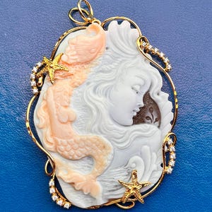 Mermaid Shell Cameo Necklace, Marine Jewel, Handcrafted Sculpture, Gift For Her, 18k Gold Necklace, Made In Italy