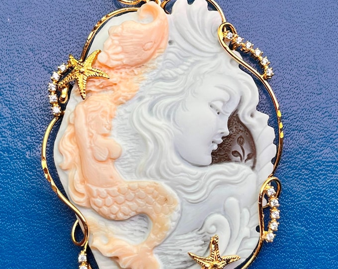 Mermaid Shell Cameo Necklace, Marine Jewel, Handcrafted Sculpture, Gift For Her, 18k Gold Necklace, Made In Italy
