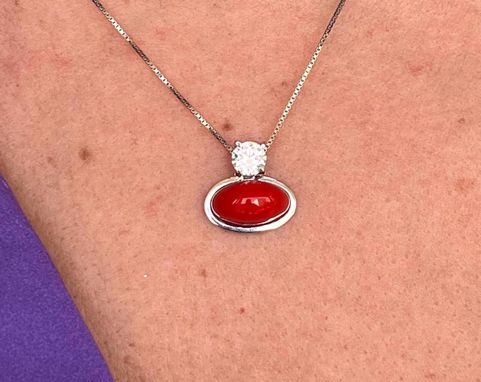 Red coral pendant necklace, sterling silver oval cabochon with sparkly light point, handmade in Italy