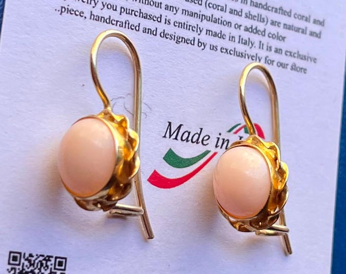 Angel skin coral earrings, natural pink cabochon, handmade in Italy, gold tone drop