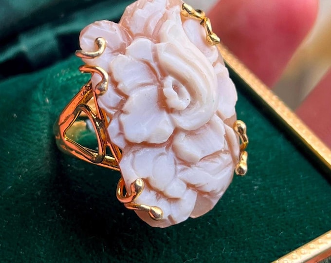 Rose cameo ring, hand carved shell, adjustable gold tone floral setting