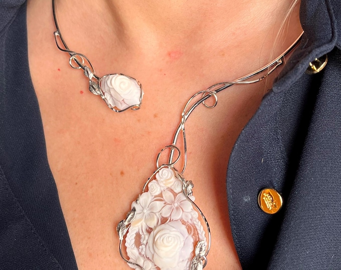 Handmade Floral Cameo Choker, 925 Silver, Italian Craft