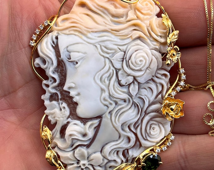 One of a Kind Hand Carved Cameo -  Gold 18k - Floral Woman Portrait - Italian Style Statement Necklace - Big 55mm