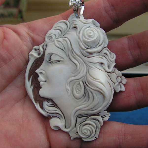Carved shell cameo museum quality hand-engraved genuine Handmade woman profile nymph among the flowers