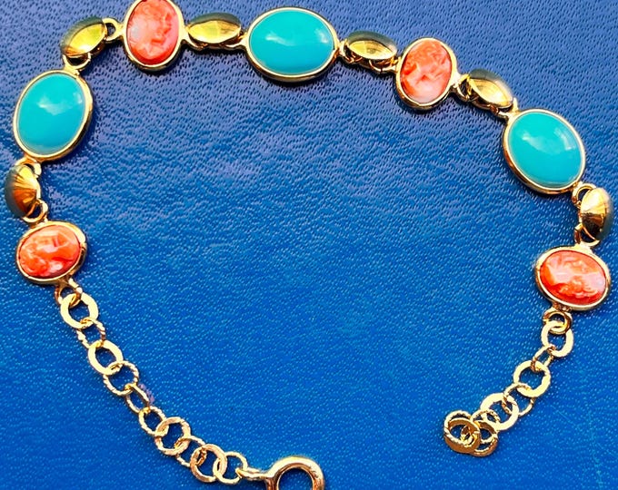 Handmade Coral Gem Amulet Bracelet, Roman Style, Christmas Gift for Her, Elegant Woman