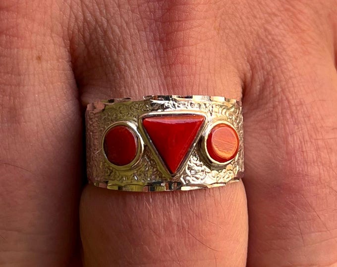 Real coral men’s ring, wide silver band, triangle center, spiritual