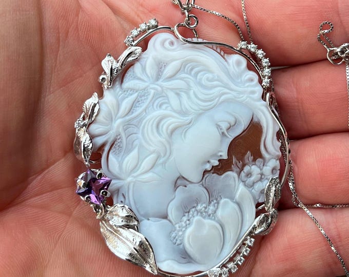 Hand Carved Cameo Pendant Necklace: Sardonic Shell, 925 Rose Silver